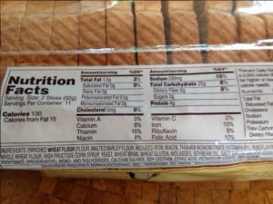 This loaf shows 1 serving = 2 slices. Therefore each slice contains 115 mg sodium, and 65 calories.