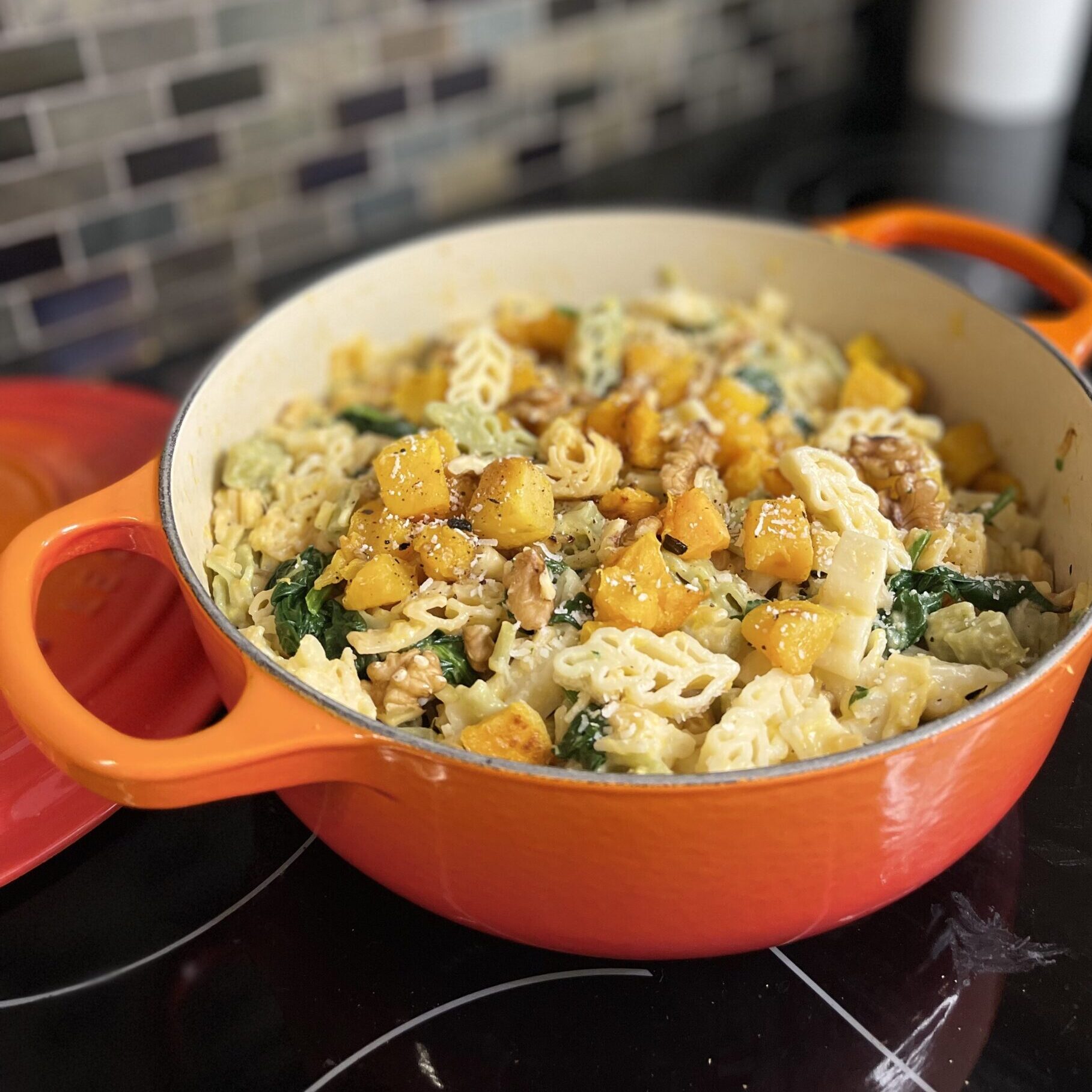 Pasta with Butternut Squash, Spinach and Walnuts